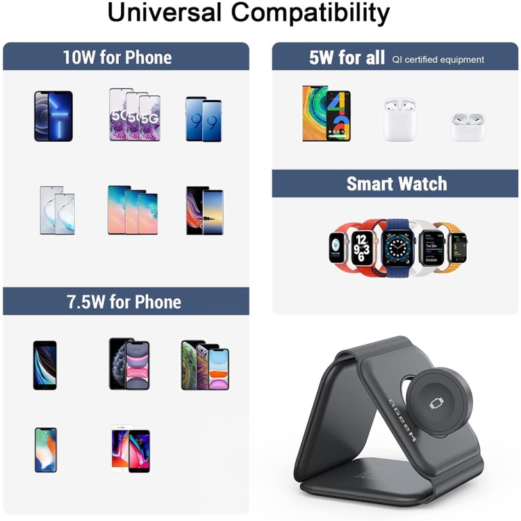 QGeeM WC07 3 In 1 Foldable Magnetic Phone Wireless Charger, US Plug(Black) QGeeM WC07 3 In 1 Foldable Magnetic Phone Wireless Charger, US Plug(Black)