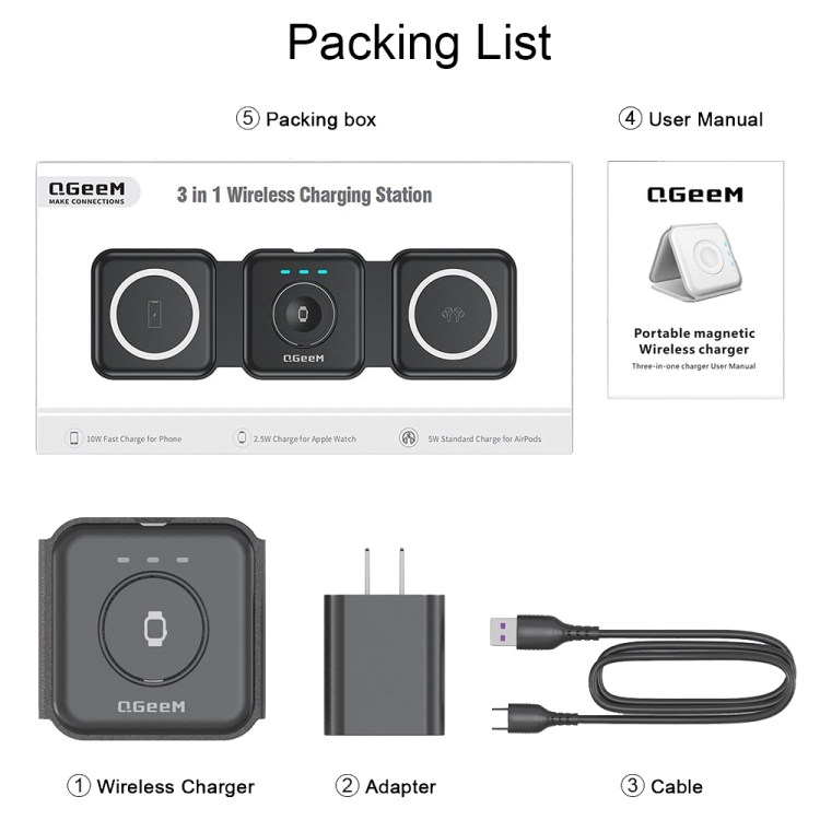 QGeeM WC07 3 In 1 Foldable Magnetic Phone Wireless Charger, US Plug(Black) QGeeM WC07 3 In 1 Foldable Magnetic Phone Wireless Charger, US Plug(Black)