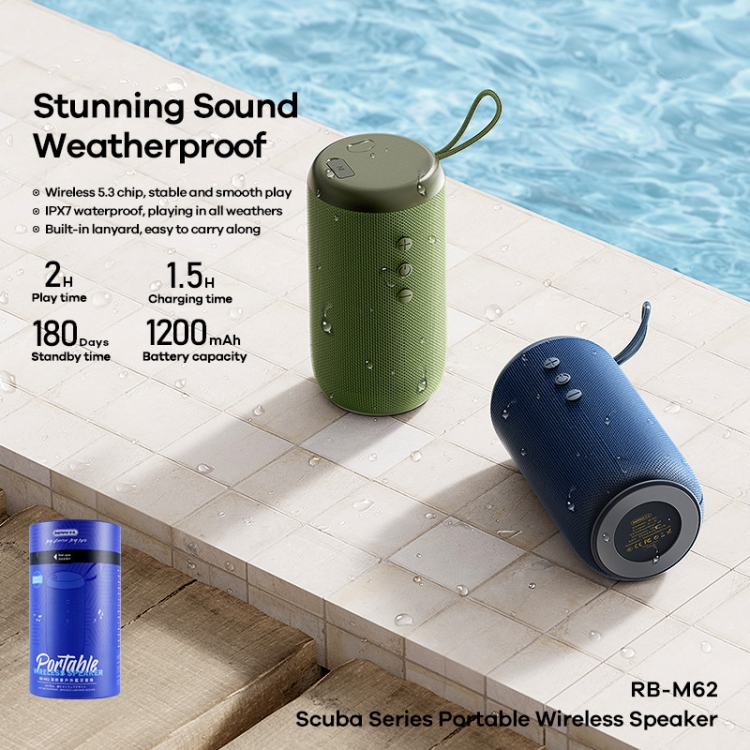 Remax RB-M62 Bluetooth 5.3 Outdoor Portable Speaker Waterproof and Dustproof Audio with Lanyard(Pine Stone Blue) - B2