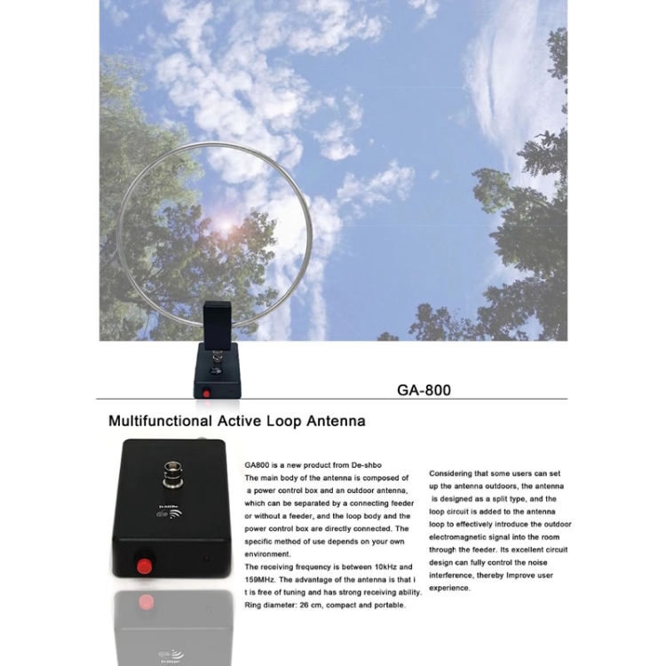 GA800 Active Loop Antenna 10KHz-159MHz,Portable HF