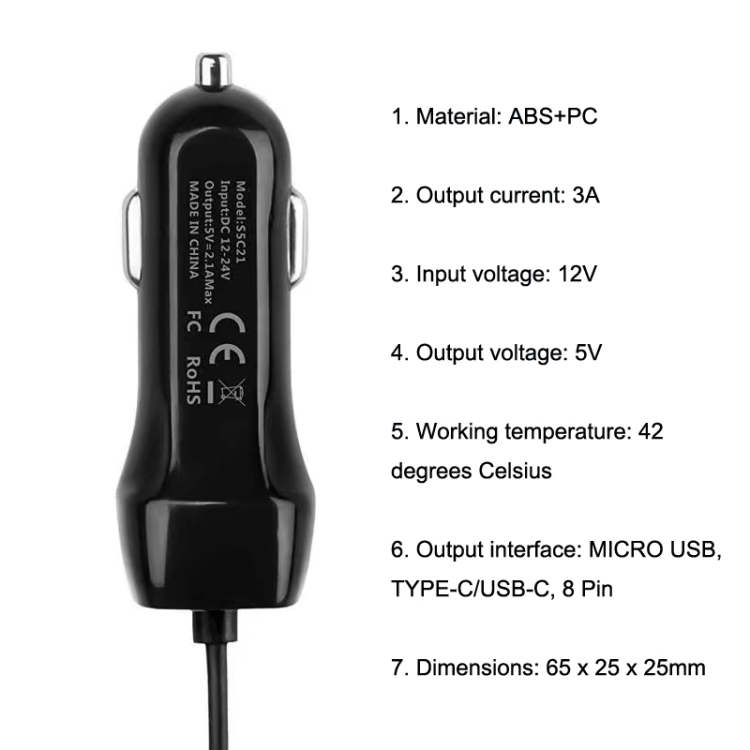 522AL Fast Charging With Cable Car Charging, Output Interface: Type-C/USB-C (Black)