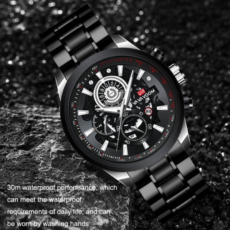 VAVA VOOM 2311G-JH2 ブラック シェル スチール ベルト メンズ 防水 スポーツ ルミナス カレンダー カジュアル クォーツ 中空  腕時計