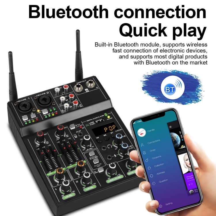 Mezclador de 4 vías UF4-M con grabación de micrófono de reverberación inalámbrico Bluetooth USB pequeño en vivo (negro) - B5