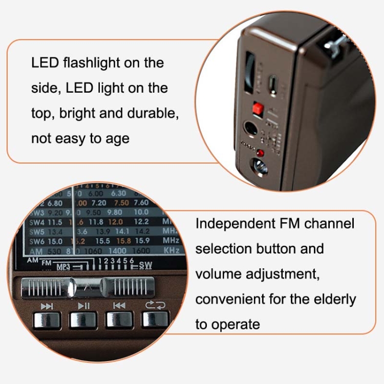 BAIJIALI PX-53U Champagne Gold Multi-band Retro Pointer Radio ปลั๊ก USB ...