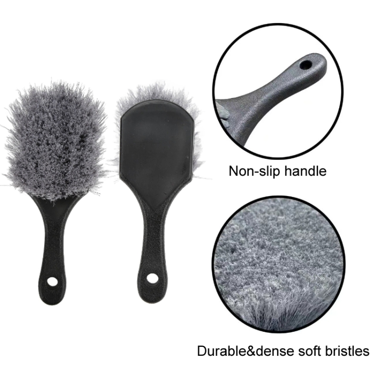 8 Wheel Cleaning Brush Gray  Short Handle Soft Synthetic Bristles