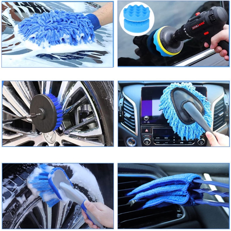 18pcs/set, Car Detailing Cleaning Brush Set, Car Wash Tool Kit, Car Drill  Brush, Wire Brush, Crevice Brush, Dust Brush, Car Washing Gloves, Cloth, For