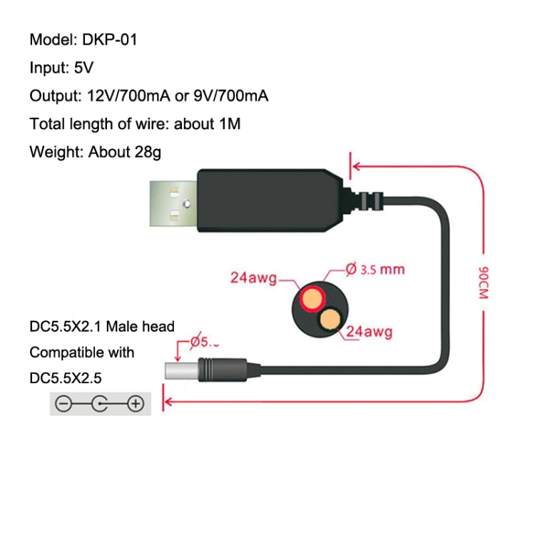 2pcs DC 5V à 12V USB Booster Cable Cordon d'alimentation de surveillance  d'alimentation mobile