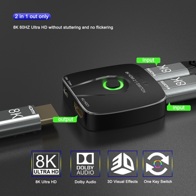 Conmutador HDMI2.1 2 en 1 Salida 8K 60Hz Conversión HD para Xbox HDMI Transmisión unidireccional (Negro) - B3
