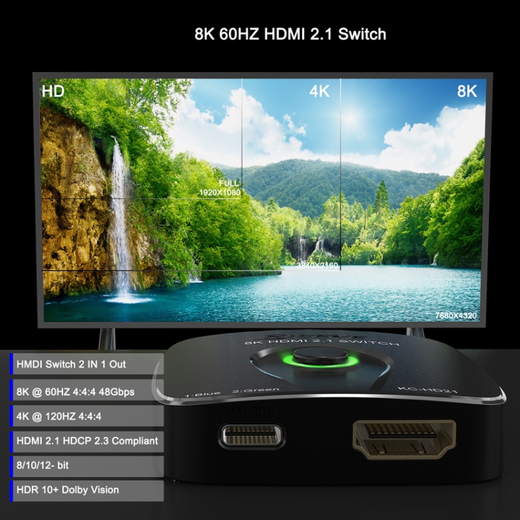 Conmutador HDMI2.1 2 en 1 Salida 8K 60Hz Conversión HD para Xbox HDMI Transmisión unidireccional (Negro) - B5