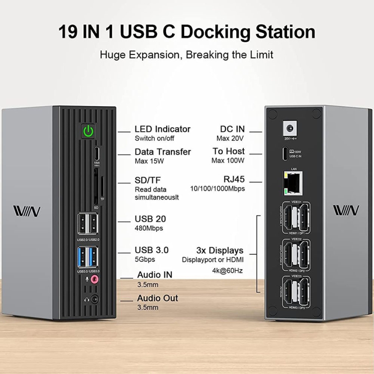 IVIIN D6919 Type-C/USB-C Multifuncional 4K Displaylink Estación de acoplamiento de pantalla diferente de cuatro pantallas, enchufe de EE. UU. (19 en 1) - B2