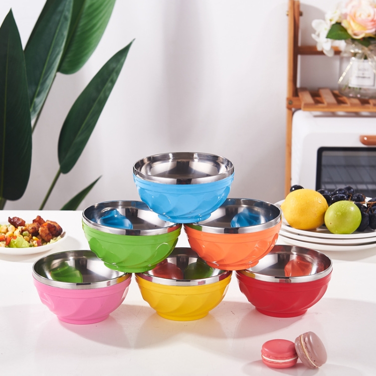 6sets 17cm Double-layer Stainless Steel Bowl With Lid Children Dinner Insulated Rice Bowl(6 Colors Matching) - B1