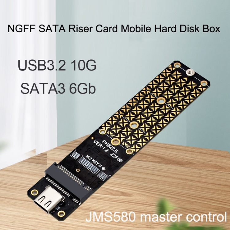 NGFF M.2 Bkey SATA Disco duro SSD a USB3.1 Tipo-C / Tarjeta de conversión de tarjeta de expansión USB-C (Negro) - B6