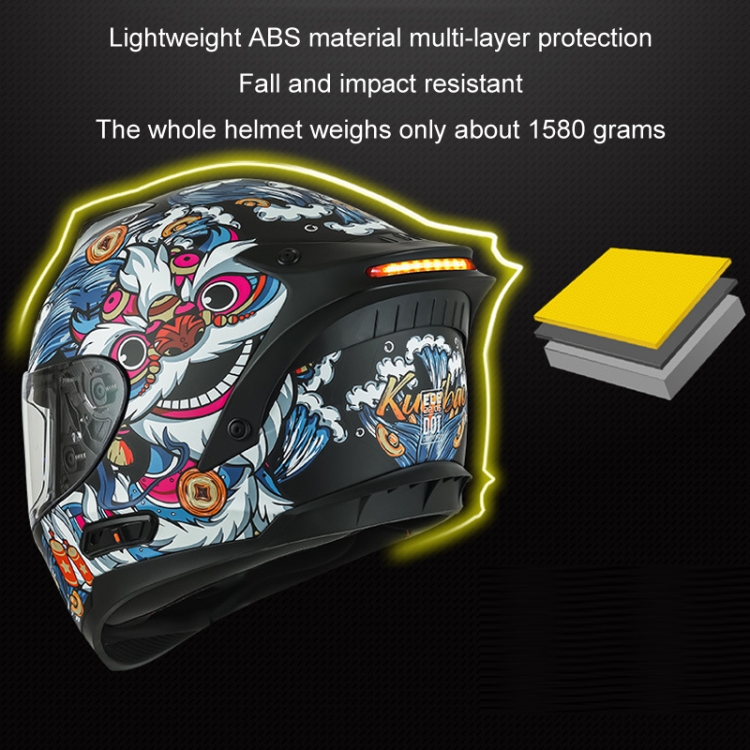 KUQIBAO Motorrad-Doppellinsen-Antibeschlaghelm mit LED-Licht, Größe: L  (Matte Black Wake Lion)