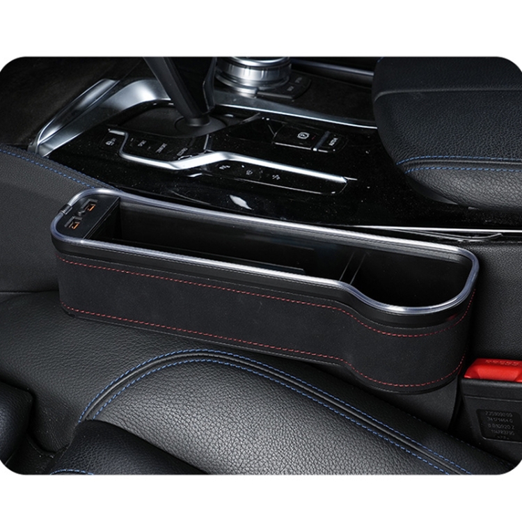 Boîte de rangement d'écart de siège de contrôle central de voiture avec  deux lumières ambiantes USB, couleur : conducteur principal noir en fibre  de carbone