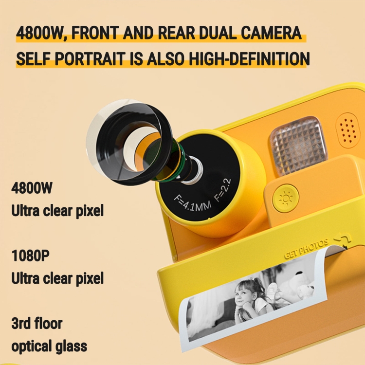 Cámara de impresión instantánea para niños 4800W Pixel Pantalla de 2 pulgadas Cámara de fotografía de doble lente (sin tarjeta de memoria amarilla) - B3