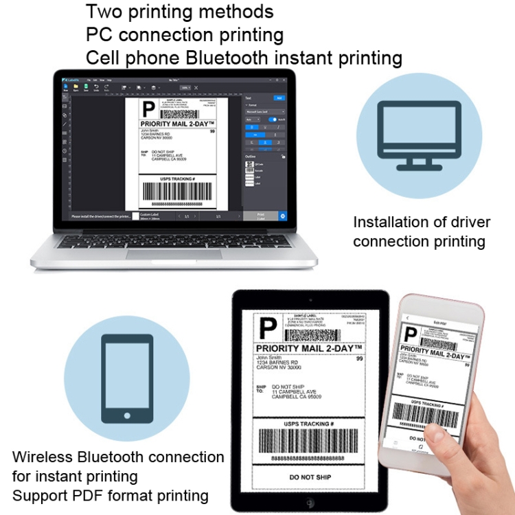 Phomemo PM241-BT Impresora de etiquetas de dirección Bluetooth Paquete de envío térmico Fabricante de etiquetas, Tamaño: EE. UU. (Blanco Púrpura) - B6