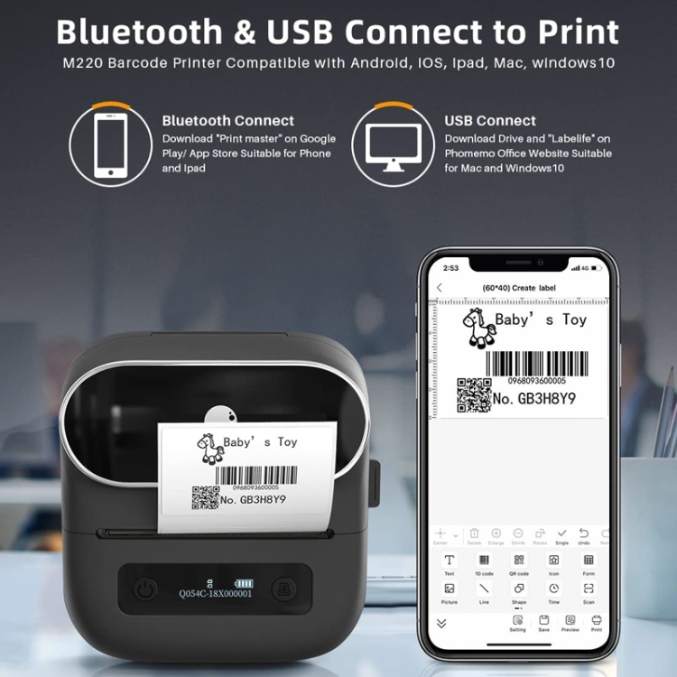Phomemo M220 Joyería Ropa Etiquetas Bluetooth Termist Strip Tag Printer (Negro) - B2