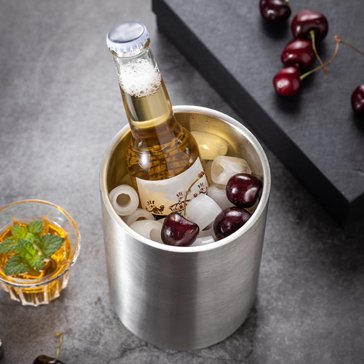 Large Capacity Thickened Stainless Steel Round Ice Bucket Bar Double-Layer  Champagne Beer Barrel(1.6L)