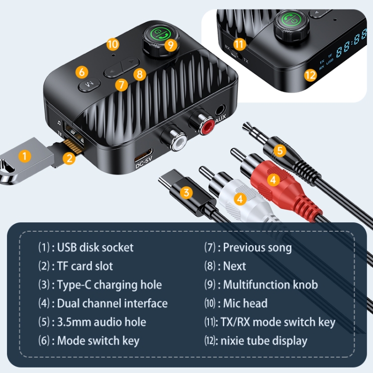 Digital Display Bluetooth 5.3 Audio Receiver Transmitter Support USB /TF Card MP3 Player Digital Display Bluetooth 5.3 Audio Receiver Transmitter Support USB /TF Card MP3 Player