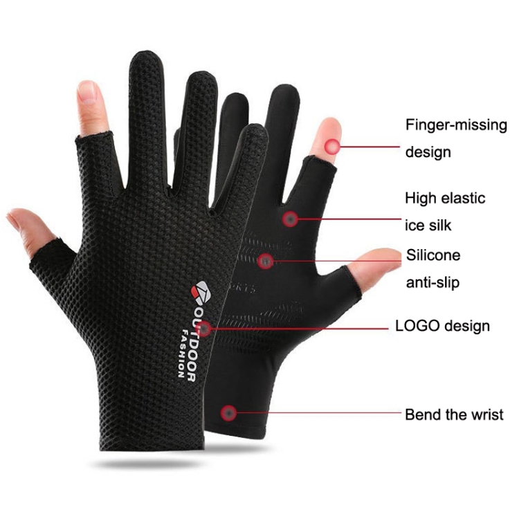 Cycling Thin Sunscreen UV Protection Mesh Breathable Ice Silk Two-finger  Gloves(Black)