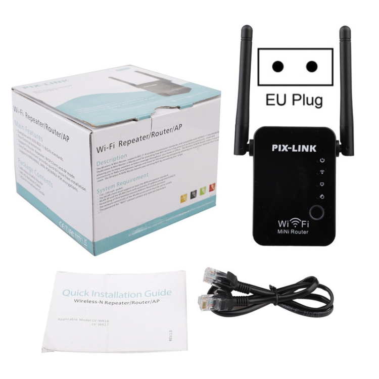PIX-LINK 2.4G 300Mbps Amplificador de señal WiFi Enrutador inalámbrico Repetidor de antena dual (enchufe de la UE) - B5