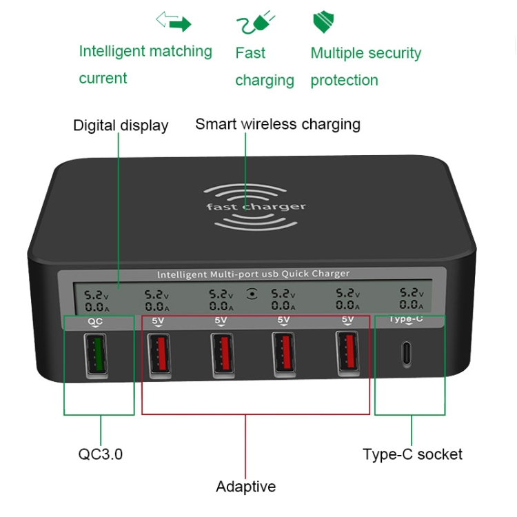 818F 5 USB Ports + Type-C Multifunctional Multi-Port Wireless Charger, Style: US Plug (White) 818F 5 USB Ports + Type-C Multifunctional Multi-Port Wireless Charger, Style: US Plug (White)