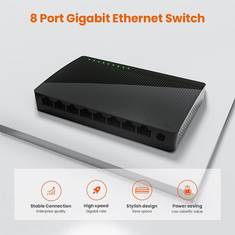 Tenda SG108 100/1000M Conmutador de red de escritorio Conmutador de escritorio Gigabit de 8 puertos Conmutador Ethernet LAN Hub (enchufe del Reino Unido) - B2