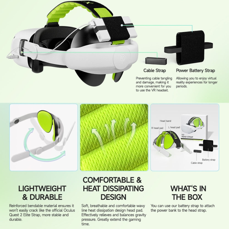 EasySMX Q20 para auriculares Oculus Quest 2 VR Correa para la cabeza ajustable con almohadillas para la cabeza adaptables (verde) - B3