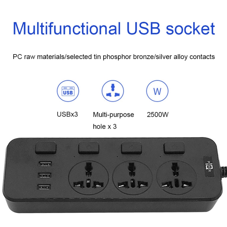 T14 2 m 2500 W 3 fiches + 3 ports USB Prise multifonctionnelle