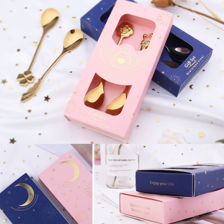 2pcs /Pack Stainless Steel Spoon And Fork Cutlery Set, Style: Rose Gold Spoon+Light Blue Box - B4