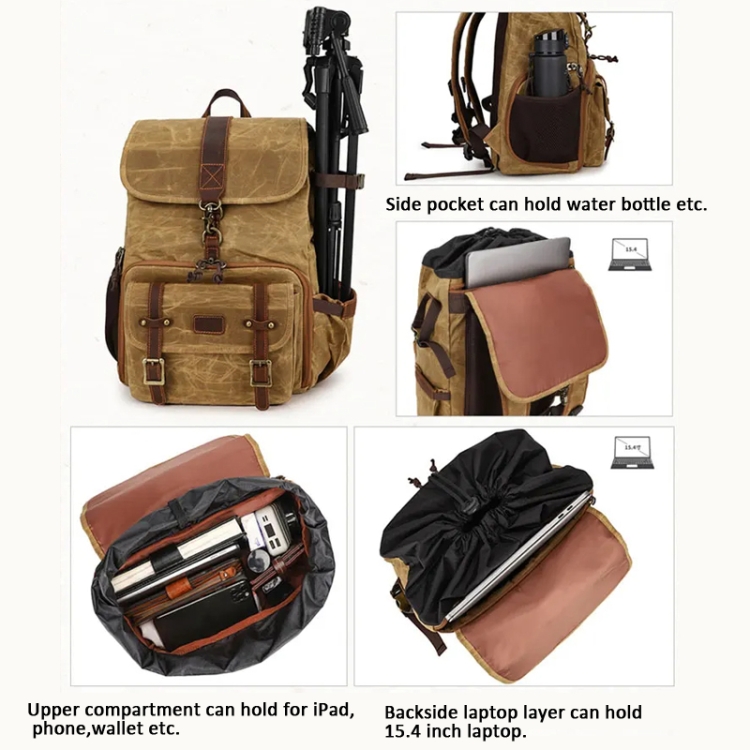 Large Capacity SLR Digital Camera Bag Laptop Backpack Canvas Storage Bag(Earth Yellow) - B5