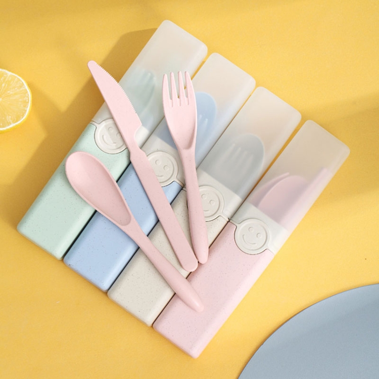 4 In 1 Portable Wheat Straw Tableware Set Outdoor Travel Storage Tableware Box, Style: B With Knife (Blue) - B1