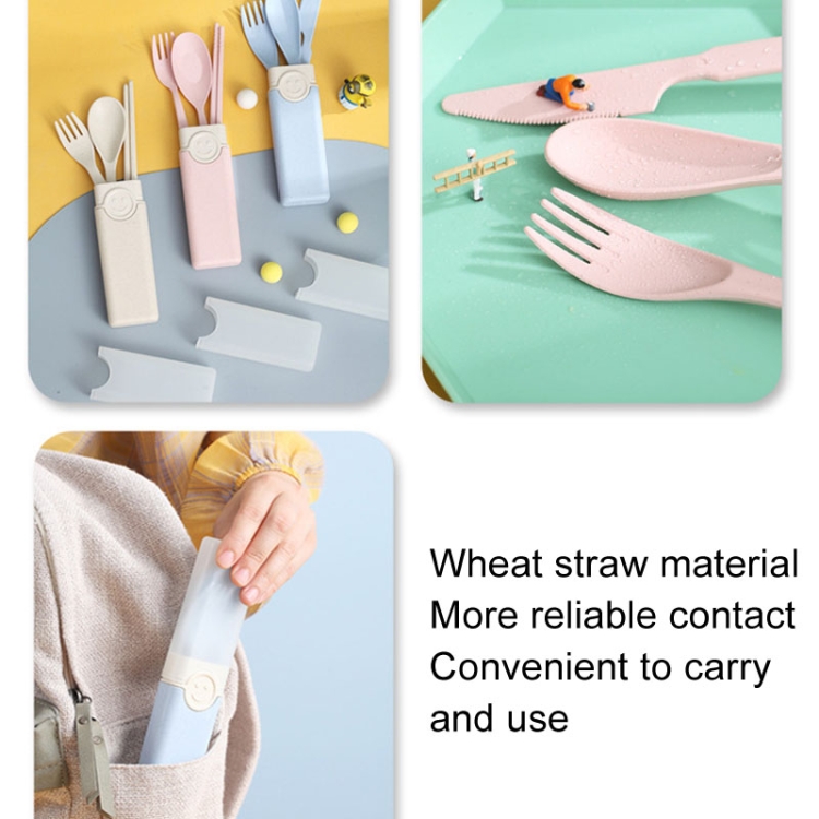 4 In 1 Portable Wheat Straw Tableware Set Outdoor Travel Storage Tableware Box, Style: B With Knife (Blue) - B5