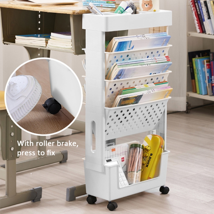 Student Book Rack 5-layer Movable Trolley Plastic Storage Rack for Student Books Vertical ...