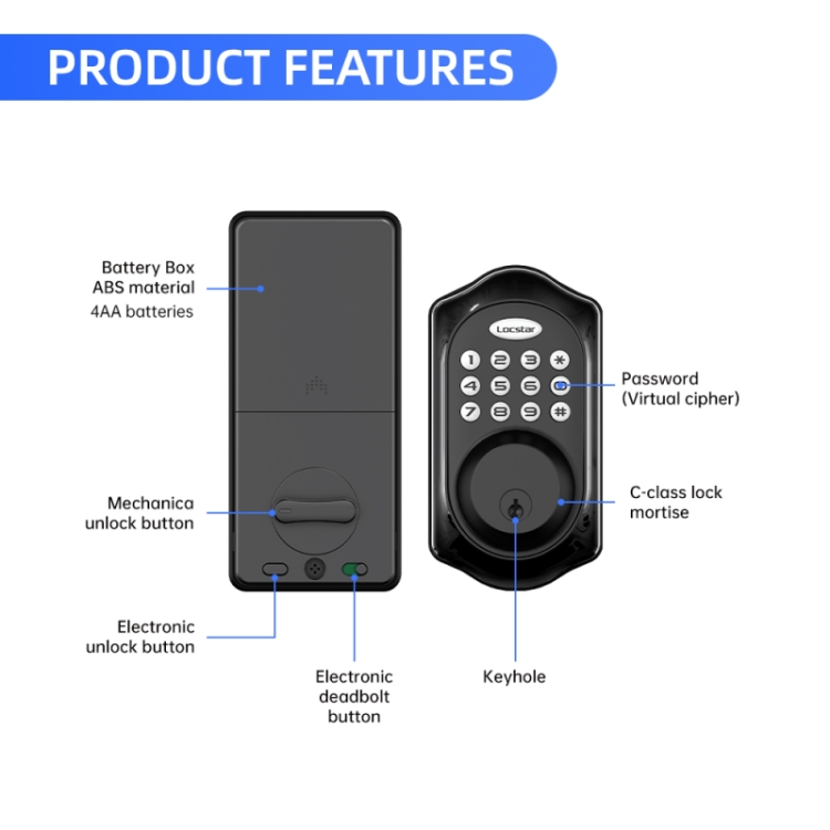 LOCSTAR C88 Bluetooth remoto Tuya Cerradura de puerta con contraseña electrónica inteligente automática (negro) - B2