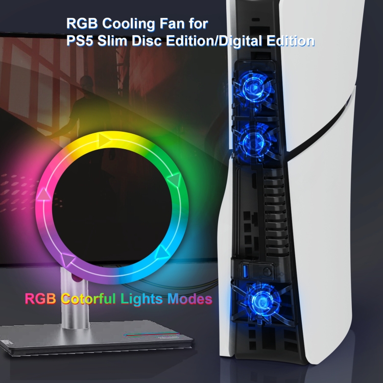 JYS-P5175 For PS5 Slim Host Optical Drive / Digital Version Universal With RGB Colorful Light Cooling Fan - 3