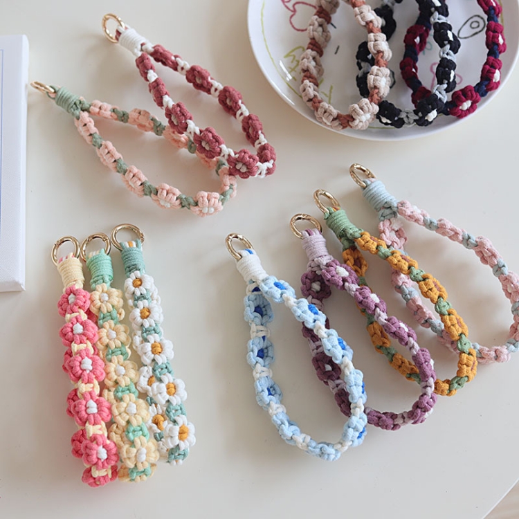 Handmade Braided Cell Phone Chain Daisy Flower Braided Rope Keychain Bag Pendant(Pink)