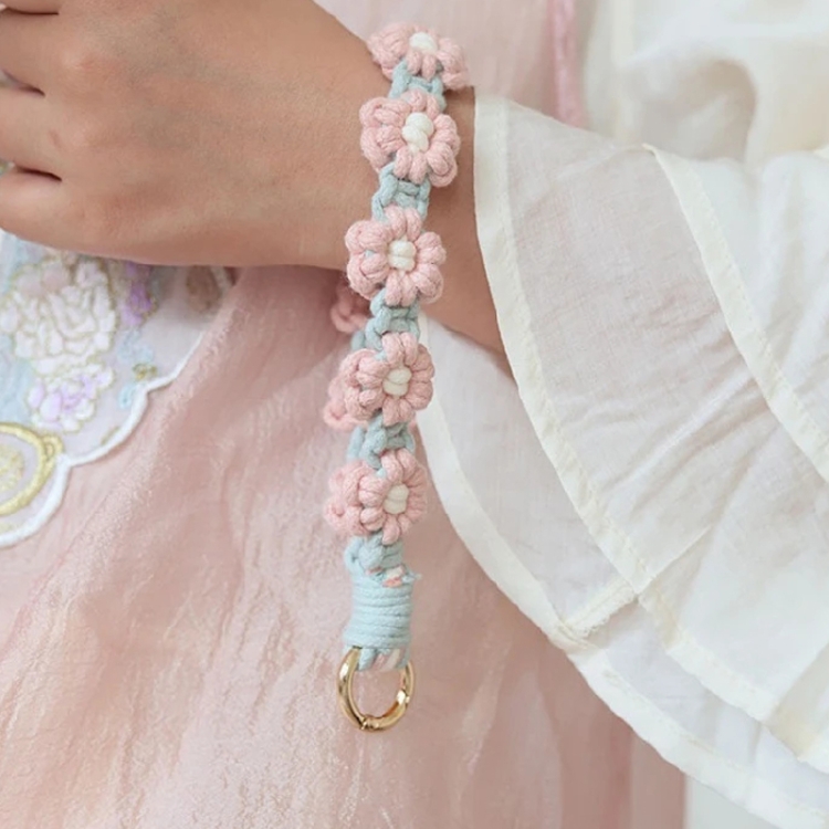 Handmade Braided Cell Phone Chain Daisy Flower Braided Rope Keychain Bag Pendant(Pink)