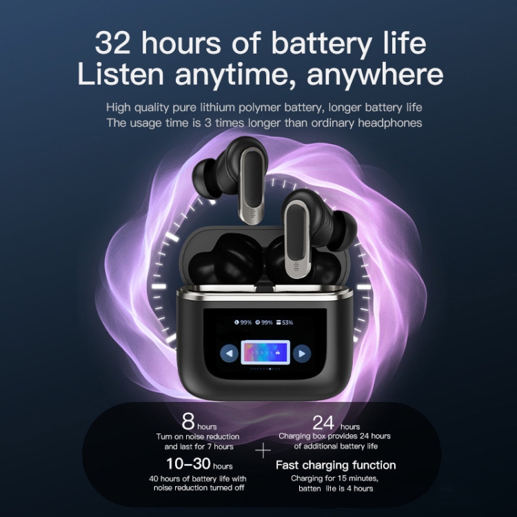 Color Screen Touch ANC Active Noise Reduction LCD Wireless Bluetooth Earphones(Black) Color Screen Touch ANC Active Noise Reduction LCD Wireless Bluetooth Earphones(Black)