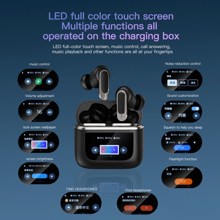 Color Screen Touch ANC Active Noise Reduction LCD Wireless Bluetooth Earphones(Black) Color Screen Touch ANC Active Noise Reduction LCD Wireless Bluetooth Earphones(Black)