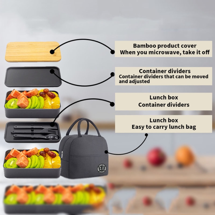 1200ml Portable Compartment Insulated Double Layer Lunch Box Microwavable  Plastic Food Container, Color: Without Insulation Bag Black
