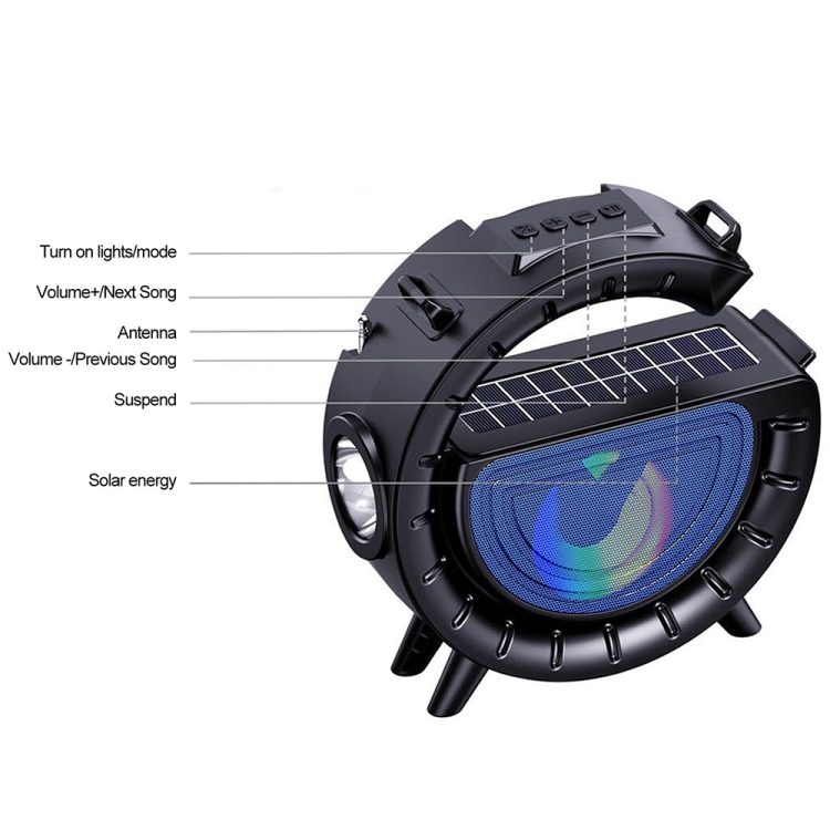 DV-800 G-shaped Colorful Atmosphere Light Flashlight Solar Wireless Bluetooth Speaker(Black) DV-800 G-shaped Colorful Atmosphere Light Flashlight Solar Wireless Bluetooth Speaker(Black)