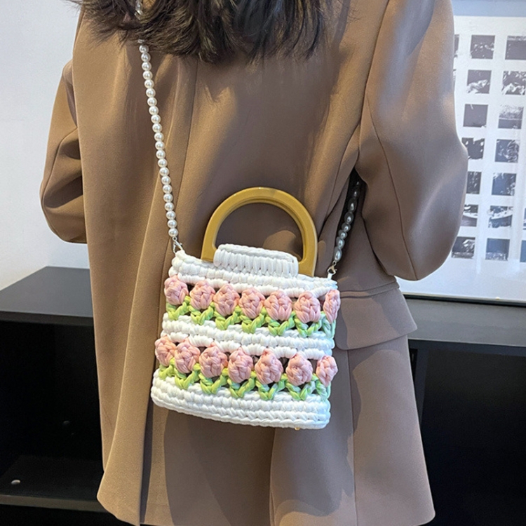 Homemade Tulip Hand Knitting Bag Cloth Strip Line DIY Material Kit With Pearl  Shoulder Strap(Beige x Fruit Green x Light Pink)