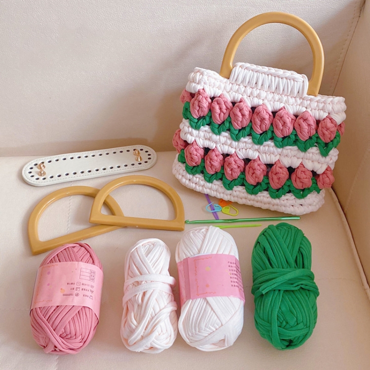 Homemade Tulip Hand Knitting Bag Cloth Strip Line DIY Material Kit With Pearl  Shoulder Strap(Beige x Grass Green x Bean Paste Pink)