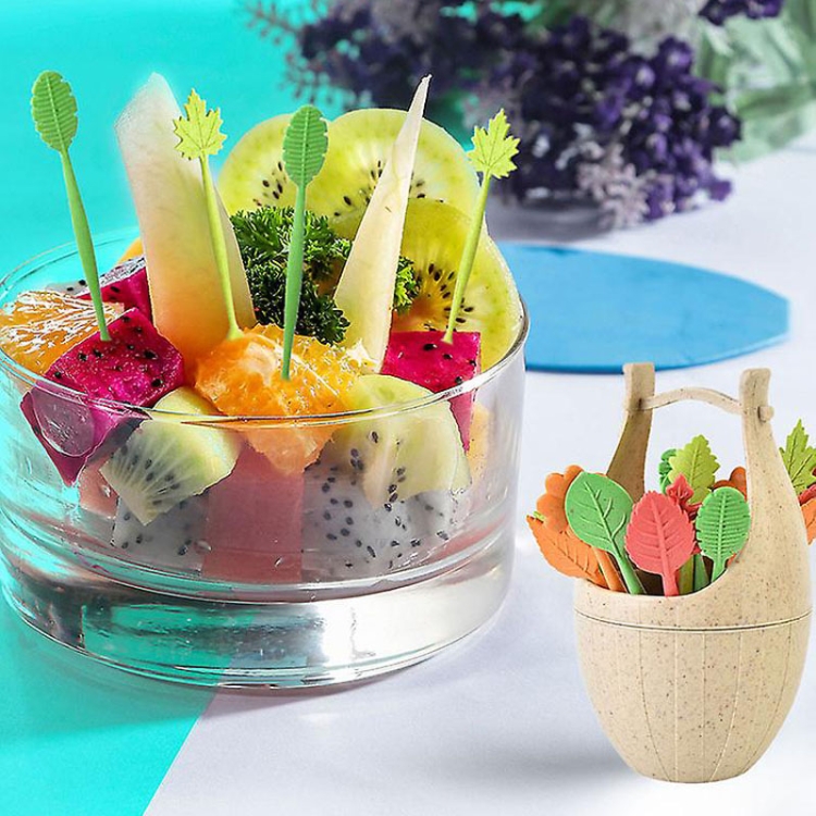 16pcs Fruit Forks + 1pc Barrel Mini Wheat Fiber Material Tableware Set  Snack Dessert Forks(Brown)