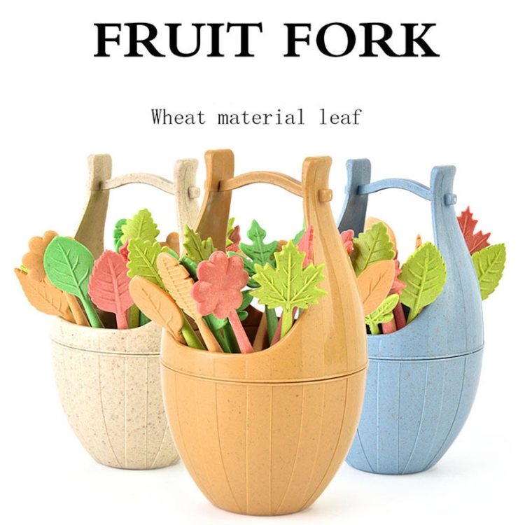 16pcs Fruit Forks + 1pc Barrel Mini Wheat Fiber Material Tableware Set  Snack Dessert Forks(Brown)