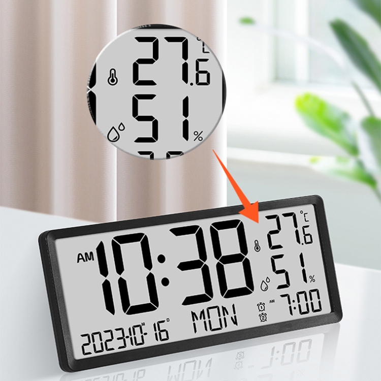 Horloge Murale Numérique LCD Avec Affichage Température/Humidité - Alimentation USB Ou 3x Piles AAA - Dimensions 20x2x8 Cm - Pour Bureau Ou Mur - Fonction Réveil