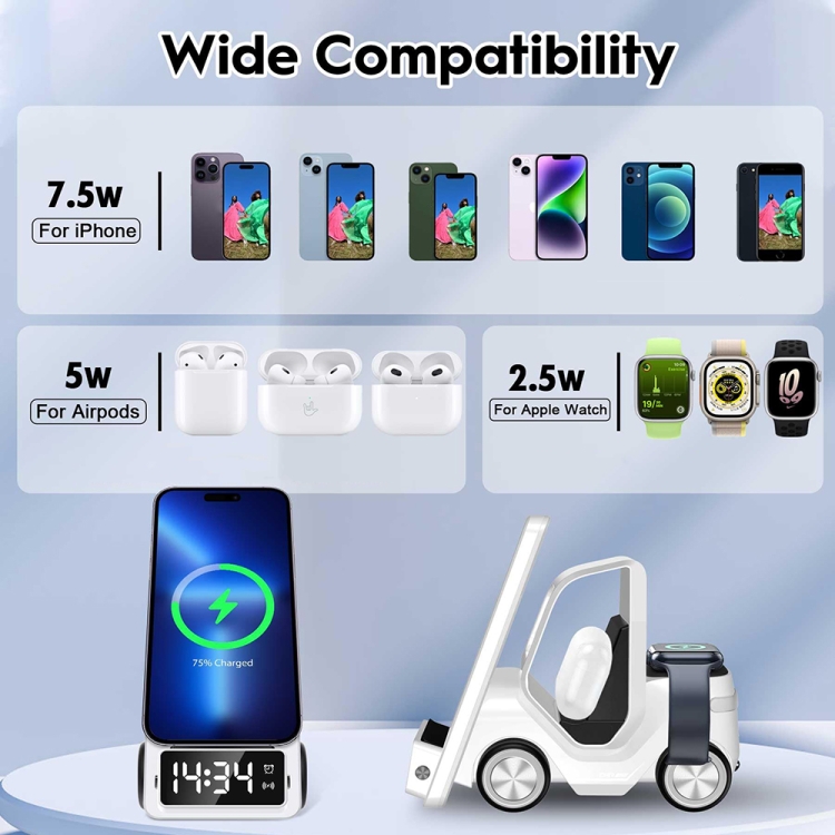 T20 5-in-1 Car-shaped Desktop Alarm Clock Wireless Charger with Atmosphere Light(White) T20 5-in-1 Car-shaped Desktop Alarm Clock Wireless Charger with Atmosphere Light(White)