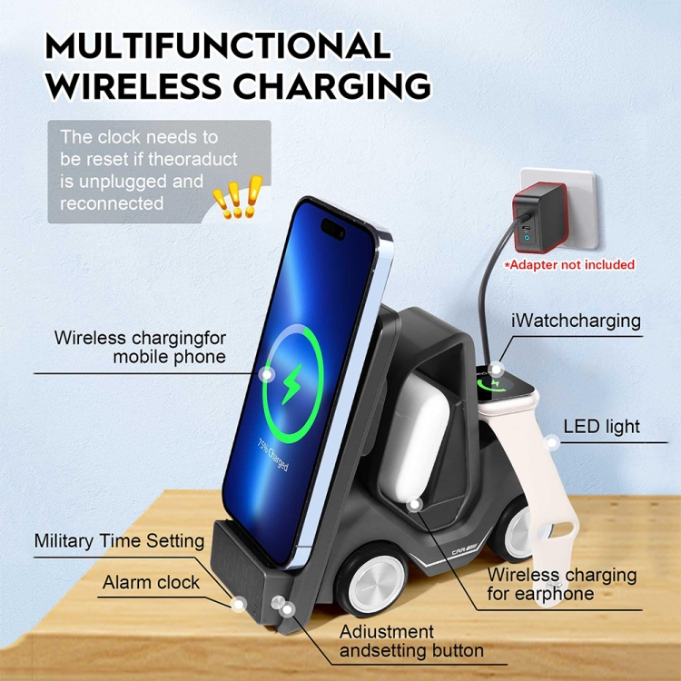 T20 5-in-1 Car-shaped Desktop Alarm Clock Wireless Charger with Atmosphere Light(White) T20 5-in-1 Car-shaped Desktop Alarm Clock Wireless Charger with Atmosphere Light(White)