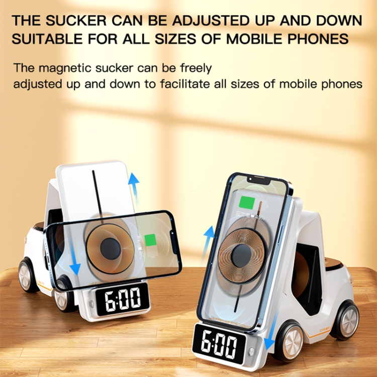 T20 5-in-1 Car-shaped Desktop Alarm Clock Wireless Charger with Atmosphere Light(White) T20 5-in-1 Car-shaped Desktop Alarm Clock Wireless Charger with Atmosphere Light(White)